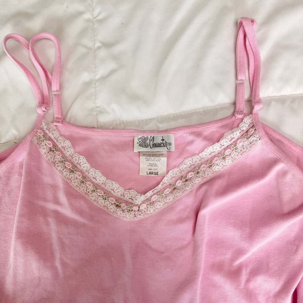 Character Pink Double Strap Cami Tank Top with Floral Lace Trim Large